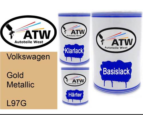 Volkswagen, Gold Metallic, L97G: 500ml Lackdose + 500ml Klarlack + 250ml Härter - Set, von ATW Autoteile West.